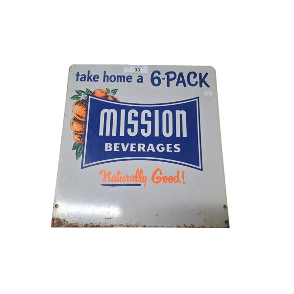 Vintage double sided metal rack sign, Mission Beverages, 17"x16"