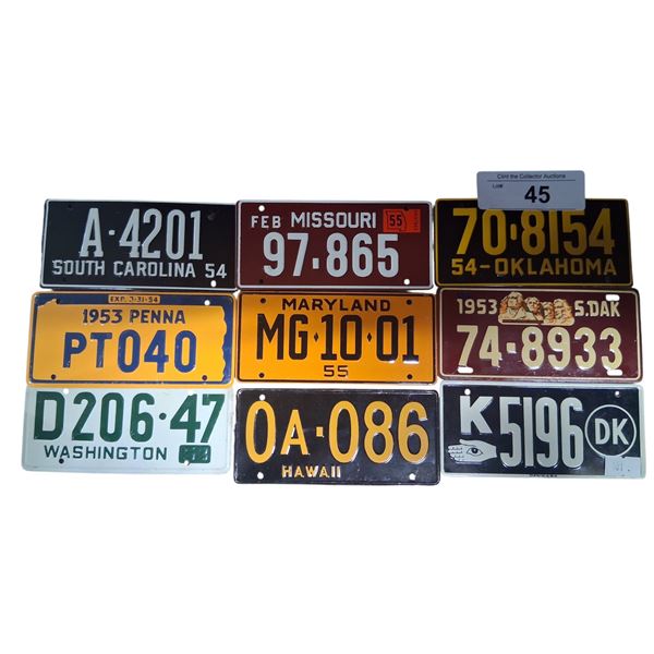 9 mini license plates, each roughly 5"