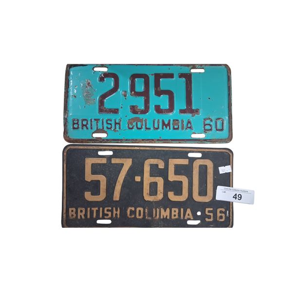 2 vintage BC license plates, 56 & 60