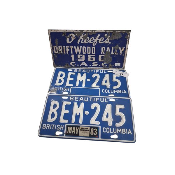 O'Keefe's 1960 license plate plus pair of 83 BC plates
