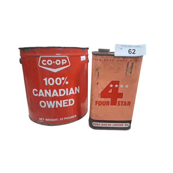 Vintage 2 lb 4 Star linseed oil tin, full & 10 lb CO-OP grease pail