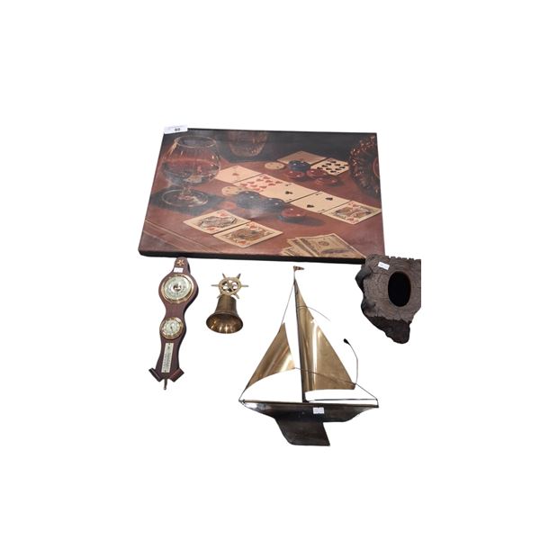 Lot including Vegas poker on canvas 24"x16", nautical brass ships bell, baramoeter set, resin bear k