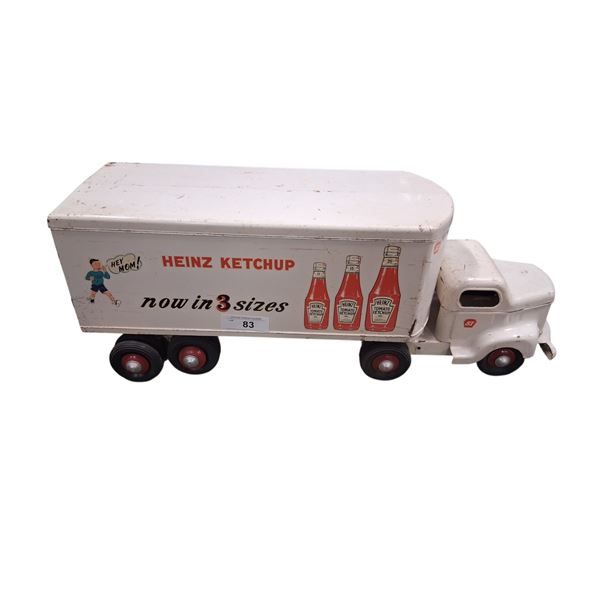 1950s pressed steel Canadian made Minnitoy Heinz Ketchup semi truck & trailer 27"