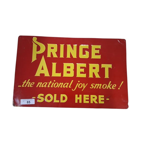 Painted tin Prince Albert tobacco sign, nice shape for age 22"x15"
