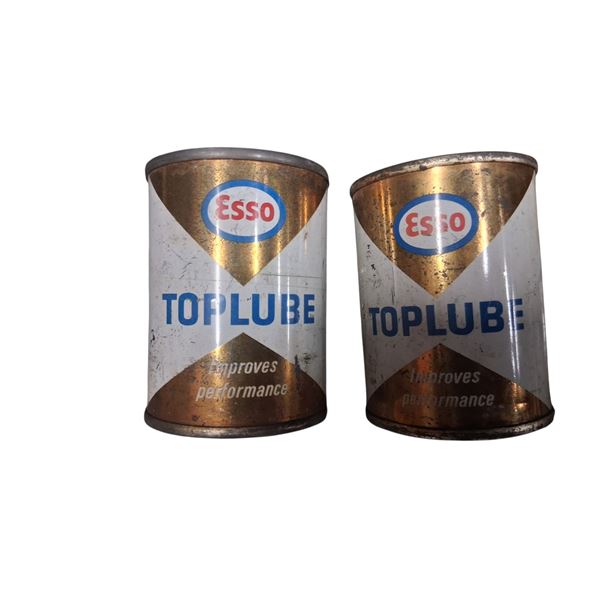 Pair of Esso Top Lube 4 oz solder seal oil tins, full