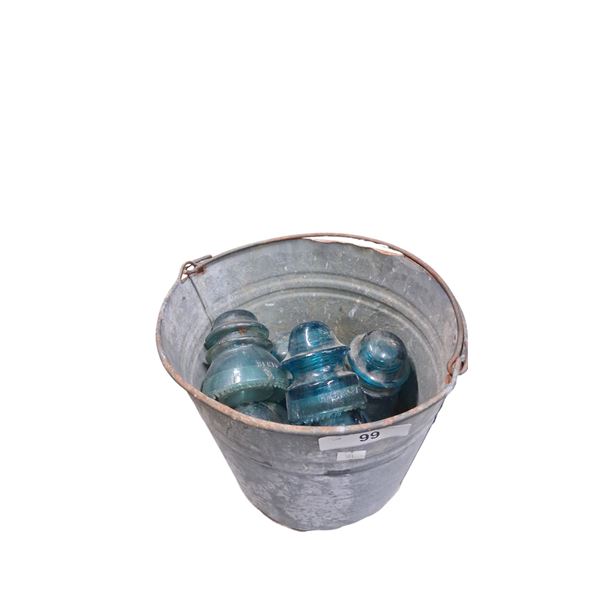 Vintage galvanized grain bucket 8.5" tall, & 5 vintage glass insulators