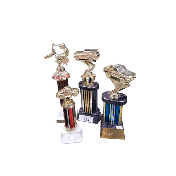 4 vintage car trophies, tallest is 14"