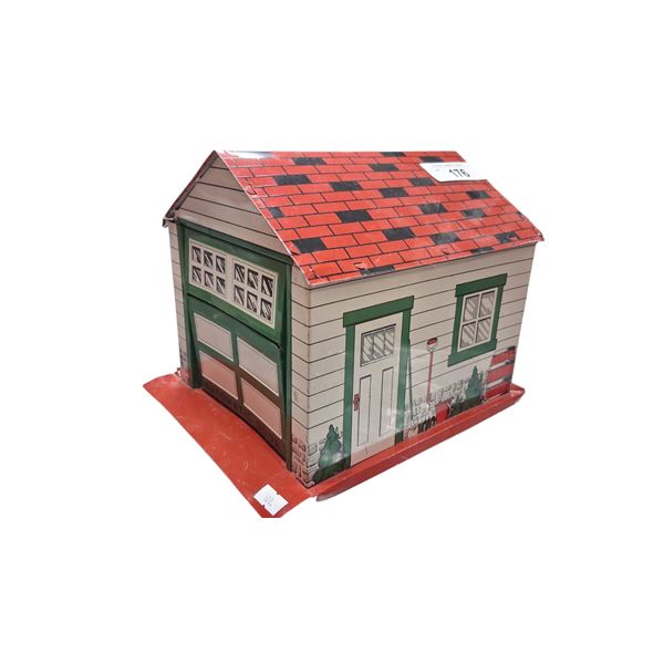 Tin litho toy garage, vintage 10.5"x10"x9"