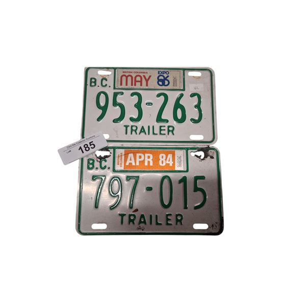 2 vintage BC trailer plates