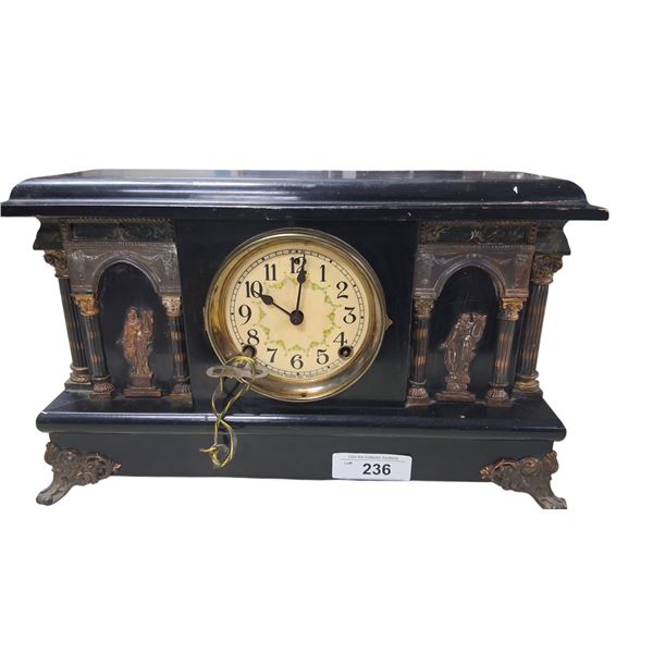 Vintage wooden mantle clock with brass accents, made by The Sessions Clock Corp. Forestville Ct 17"x