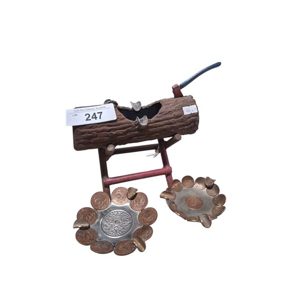 Collection of vintage ashtrays, cast iron axe in log plus Pesos