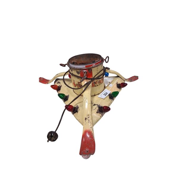 Beautiful mid century metal Christmas tree stand, works, nice tin litho images, 21"