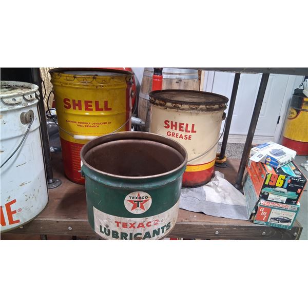 3 vintage grease pails, 5 lb Shell, 25 lb Texaco