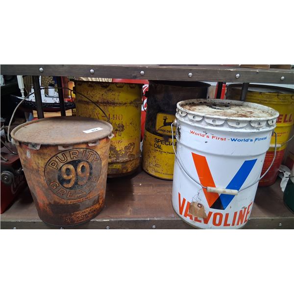 4 vintage grease pails, John Deere, Valvoline, Shell & Purity