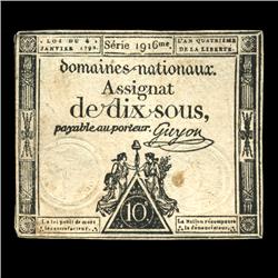 1792 France RARE 10 Sols Assignat Currency AU+ (CUR-05885)