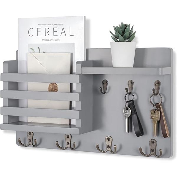 Nekon Farmhouse Mail Holder with Key Hooks (16.8" x 10") Grey - Brand New