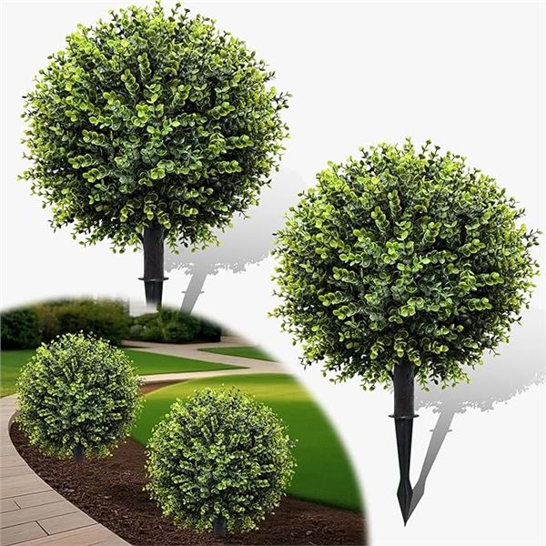 Box 2 Artificial Topiary Ball Trees/Decorative Bush Plants with Lawn Spikes for Outdoors - New