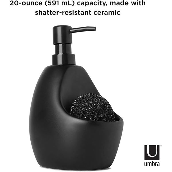Umbra Joey Matte Black Ceramic Liquid Soap Dispenser with Sponge Caddy & Scrubby Sponge - New