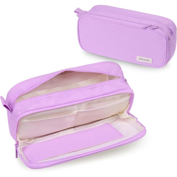 Lot of 2 Large Capacity Pencil Cases/Storage Pouches - Dual-Zipper Design (Purple) - New