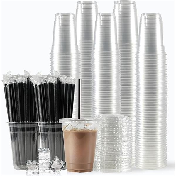 Box of 200 Sets of Plastic Cups (12oz) with Lids & Straws - New (Damaged Box - See Photos)