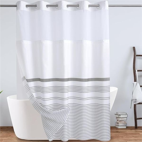 Lot of 2 White/Grey Boho Fabric Shower Curtains with Snap-In Removable Liner for Bathrooms - New