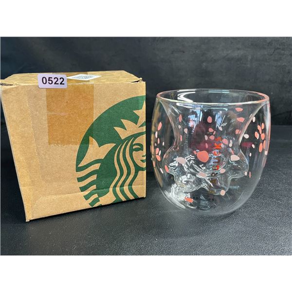 1 Starbucks Double-Wall Glass Mug - Clear Cherry Blossom/Paw Print Design - New