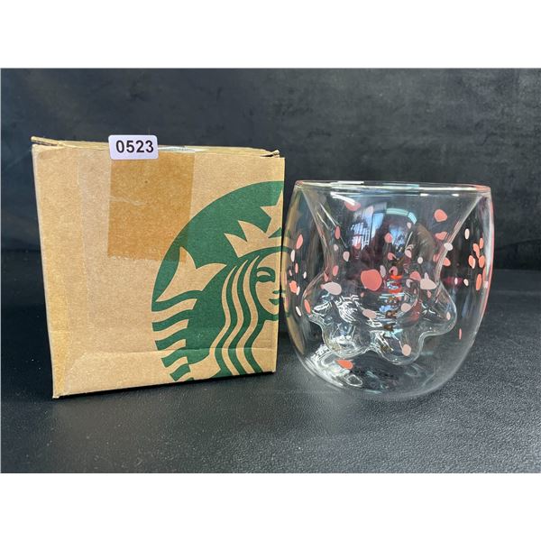 1 Starbucks Double-Wall Glass Mug - Clear Cherry Blossom/Paw Print Design - New