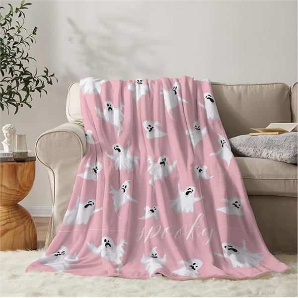 1 Pink Cute Ghost Throw Blanket (50" x 60") Cozy Soft Lightweight Plush Blanket - New Sealed