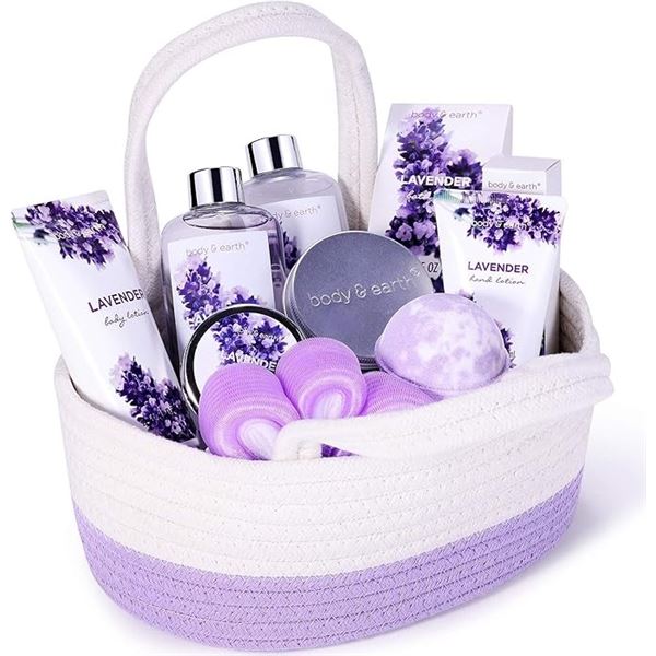 Body & Earth 10PC Lavender Spa Gift Basket for Women - Relaxing Home Spa Gift Set - New Sealed