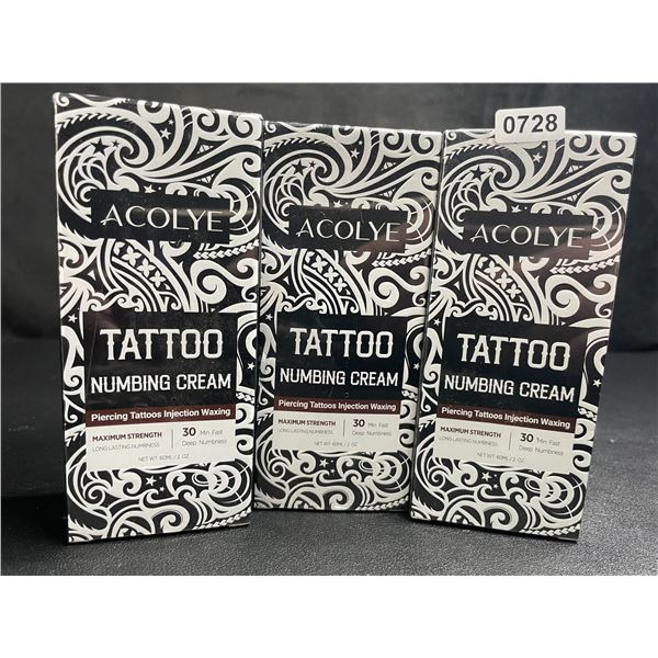 3 Boxes of Acolye Tattoo Numbing Cream Maximum Strength (60ml) For Tattoos/Piercings/Waxing - New