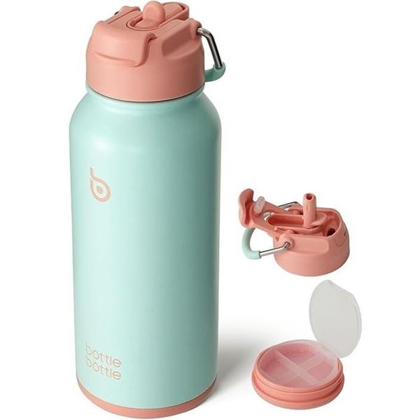 BottleBottle Insulated Water Bottle with Built-In Storage Box (32oz) Dream Ocean Color Blue/Pink New