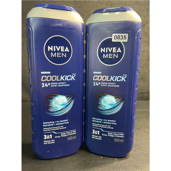 2 Nivea Men Coolkick 3-in-1 Shower Gels for Body/Face/Hair (500ml) 24H Fresh Scent - New