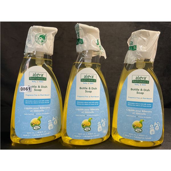 Lot of 3 Aleva Naturals Bottle & Dish Soap (500ml) Eliminates Odours & Milk Residue - New