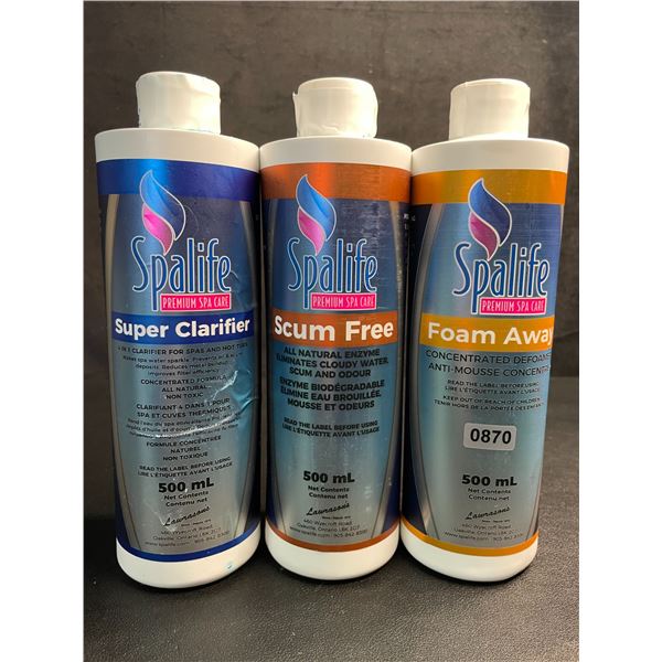 Lot of 3 Spalife Premium Spa Care Products (500ml) Super Clarifier/Scum Free/Foam Away - New