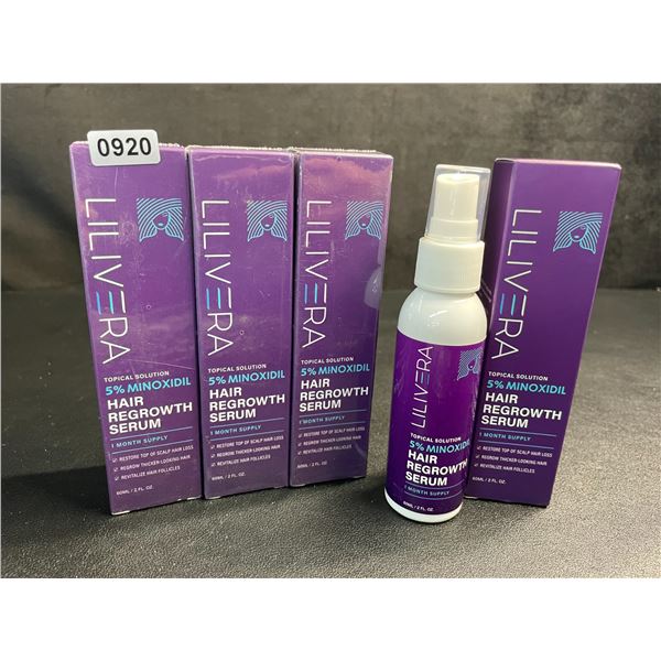 4 Boxes of Lilivera 5% Minoxidil Hair Regrowth Serum (60ml) Restores Hair Loss/Regrows Hair - New