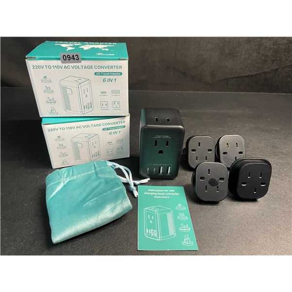 Lot of 2 Travel Adapters; 6-in-1 220V to 110V AC Voltage Converters w/ USB-C & USB-A Ports - New