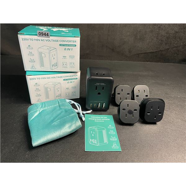 Lot of 2 Travel Adapters; 6-in-1 220V to 110V AC Voltage Converters w/ USB-C & USB-A Ports - New