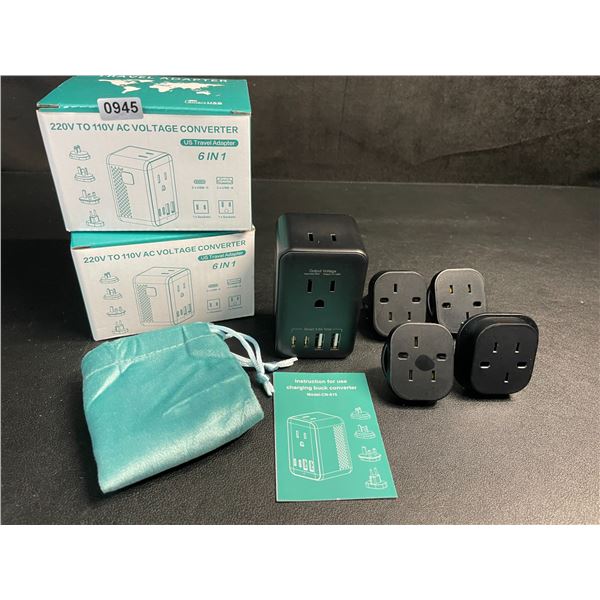 Lot of 2 Travel Adapters; 6-in-1 220V to 110V AC Voltage Converters w/ USB-C & USB-A Ports - New