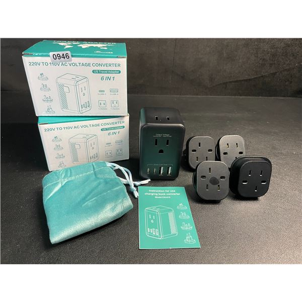 Lot of 2 Travel Adapters; 6-in-1 220V to 110V AC Voltage Converters w/ USB-C & USB-A Ports - New