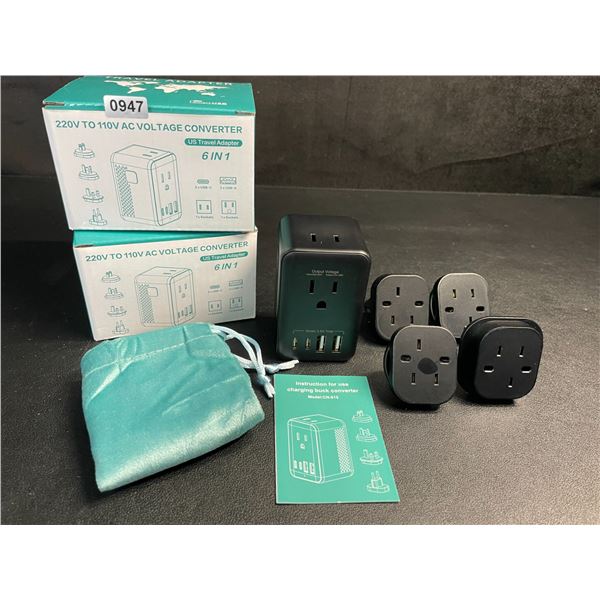 Lot of 2 Travel Adapters; 6-in-1 220V to 110V AC Voltage Converters w/ USB-C & USB-A Ports - New