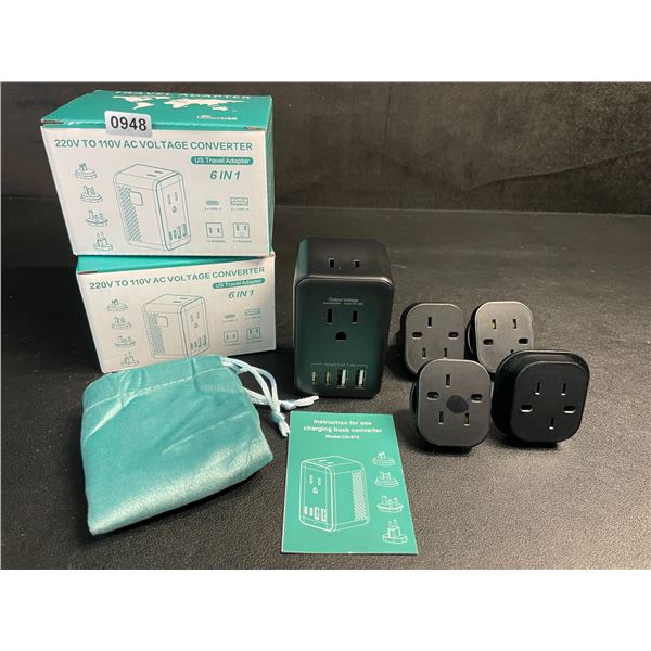 Lot of 2 Travel Adapters; 6-in-1 220V to 110V AC Voltage Converters w/ USB-C & USB-A Ports - New