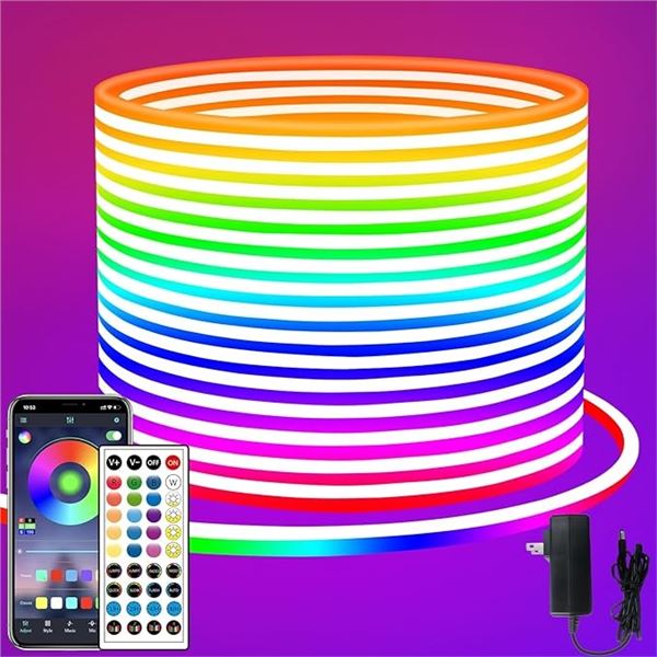 LED Neon Rope Light Kit (66.4FT) with Remote Control - 24V RGB Flexible Neon Rope Lights - New