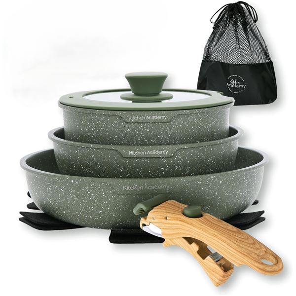 Kitchen Academy 3PC Cookware/Pot & Pans Set with Detachable Handle - Green - New