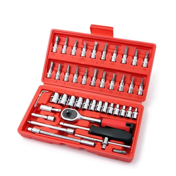 46-PC Socket Wrench Set - Bits/Sockets/Wrench and Accessories in Red Carry Case - New