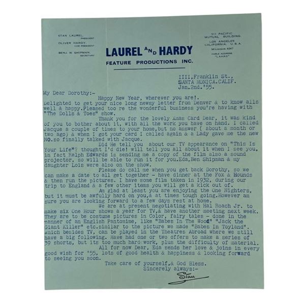 Laurel and Hardy - Stan Laurel Signed Letter