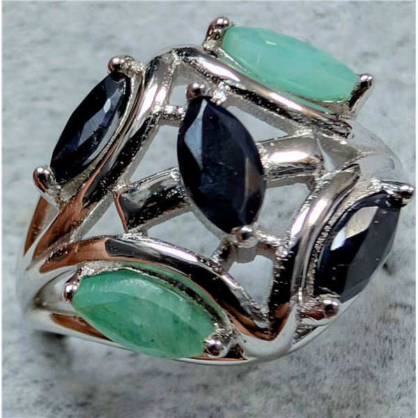 SILVER(4.72G), EMERALD,SAPPHAIRE (1.2CT)RING , SUGGESTED RETAIL VALUE $350