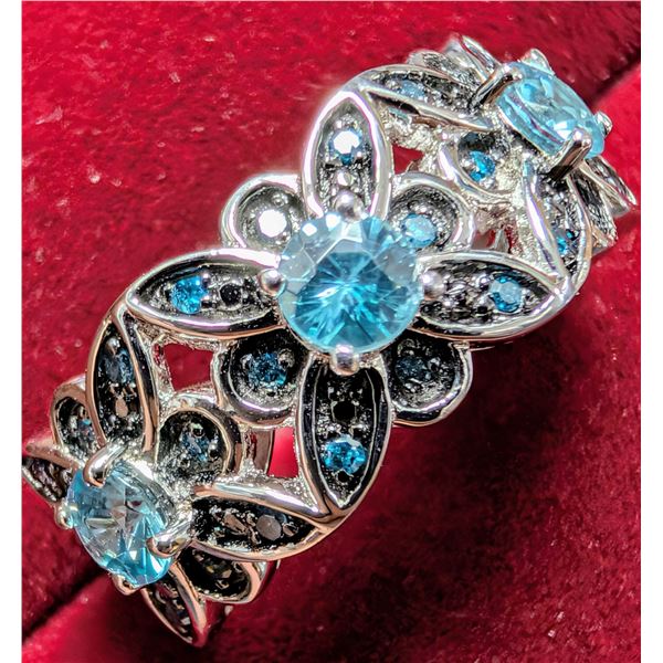 SILVER(4.98G), BLUE ZIRCON+BLUE DIAMOND (1.2+0.2CT)RING