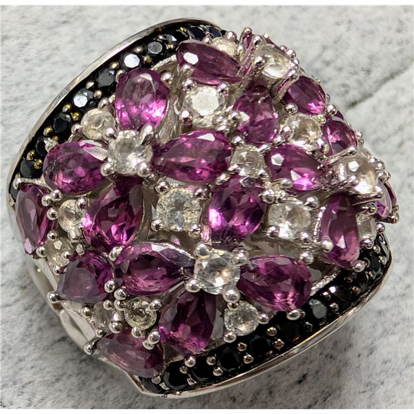 SILVER(11G),  GENUINE GRAPE GARNET  (APP 4.4CT), WHITE TOPAZ (1.2CT) RING, SUGGESTED RETAIL VALUE...