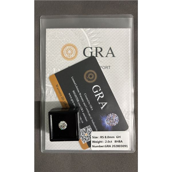 *NEW* 2 CT MOISSANITE LAB DIAMOND WITH GRA REPORT: ROUND, BRILLIANT CUT - GH-VVS1