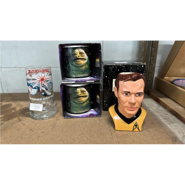 STAR TREK DRINKING GLASS & FIGURAL MUG & 2 STAR WARS "JABBA THE HUT" MUGS